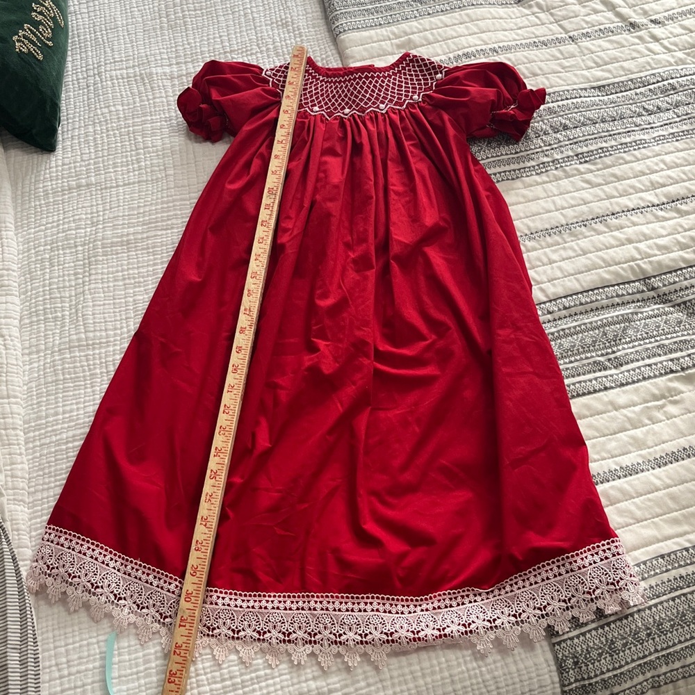 Elegant Kids Smocked Red Formal Dress with Lace Details - Picture 7 of 7